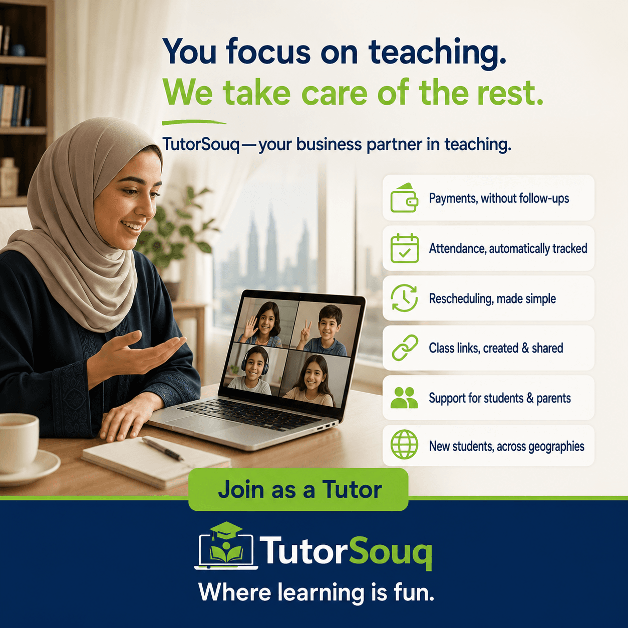 TutorSouq helps online tutors manage classes, attendance, schedules and support