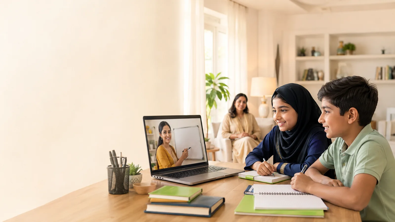 Two school students learning online with a tutor while their parent supports them
